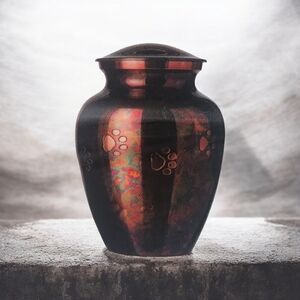Best Friends Multi Colored Pet Urn W/ Pawprints Raku Finish Medium Size- New